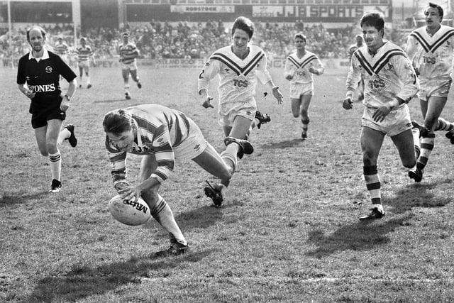 Wigan winger Mark Preston touches down for his debut try against Swinton in a league match at Central Park on Easter Monday 4th of April 1988. Wigan won 42-16.