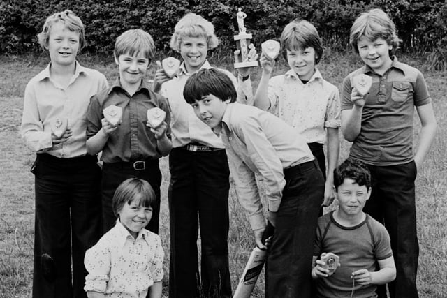 The trophy winning St. Oswald's, Ashton, RC Primary School cricket team in 1979.