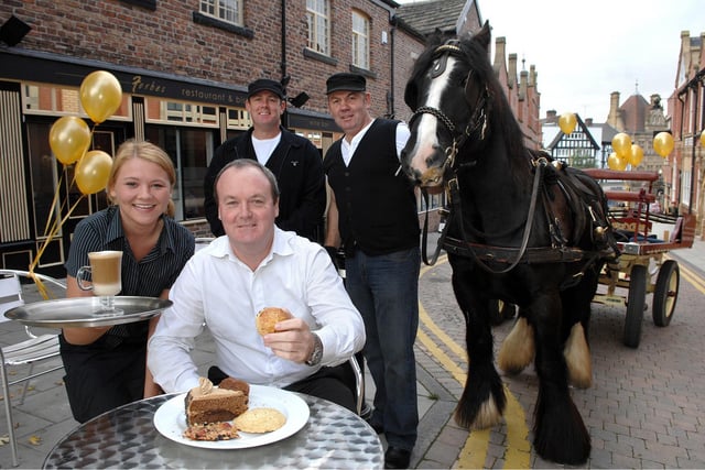RETRO 2007  - Irish cob horse Jack The Lad, who trotted around Wigan town centre to promote the opening of Forbes restaurant, bistro and wine bar on Millgate, with his owners Keith Halliwell and David Lloyd, restaurant owner Paul Forbes and waitress Stacey Hanbury