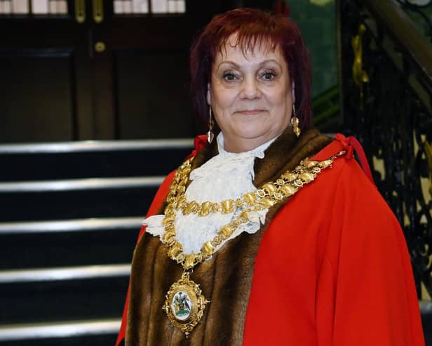 The new Mayor of Wigan Coun Debbie Parkinson, pictured at the Mayor Making ceremony 2024, the ceremony was held at the Council Chambers, Wigan Town Hall.