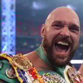 LONDON, ENGLAND - APRIL 23: Tyson Fury celebrates victory after the WBC World Heavyweight Title Fight between Tyson Fury and Dillian Whyte at Wembley Stadium on April 23, 2022 in London, England. (Photo by Julian Finney/Getty Images)