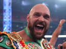 LONDON, ENGLAND - APRIL 23: Tyson Fury celebrates victory after the WBC World Heavyweight Title Fight between Tyson Fury and Dillian Whyte at Wembley Stadium on April 23, 2022 in London, England. (Photo by Julian Finney/Getty Images)