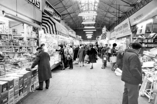 1975 - Shoppers inside Wigan's Market Hall