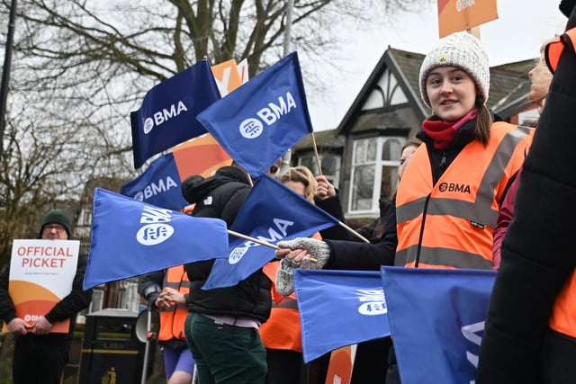 Junior doctors waved flags on the picket line