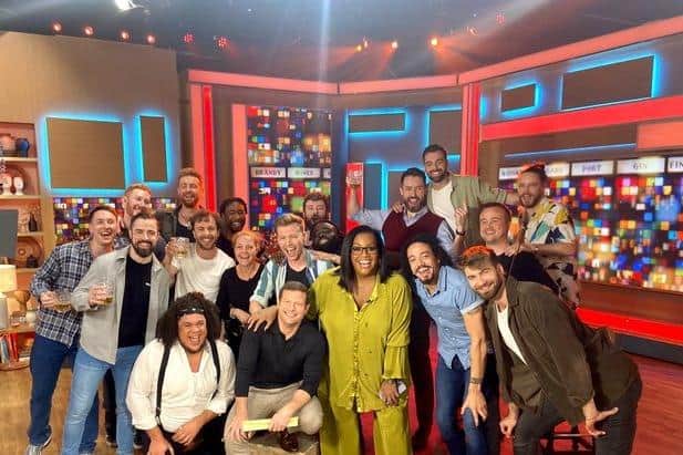 The cast of Choir of Man on This Morning with Alison Hammond and Dermot O'Leary (centre)