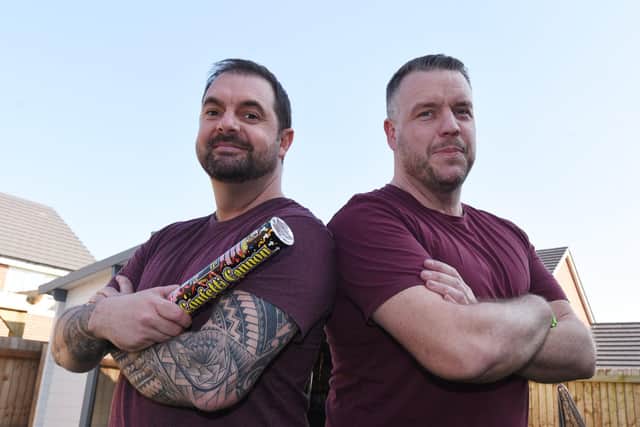 Neighbours Adrian Heaton, left, and Gareth Jones, from Standish, have been playing pranks on each other, their latest, where Adrian let off a confetti cannon in Gareth's garden just after he'd finished cleaning up, has gone viral on Tiktok, with three million views.