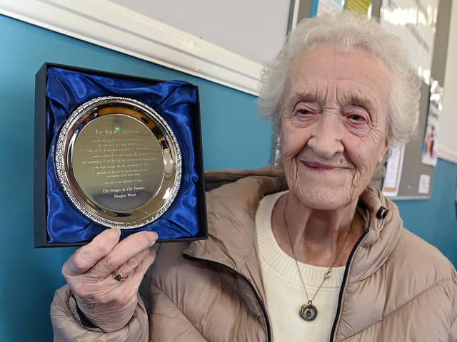 Rita Culshaw, thought to be the last Pit Brow Lass in Wigan, was presented with an award for her 90th birthday and in thanks for her hard work as a Pit Brow Lass.