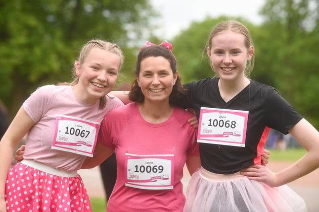 Wigan Race for Life at Haigh Woodland Park. L-R Izzy Morley, Lou Morley and Beth Rowland.