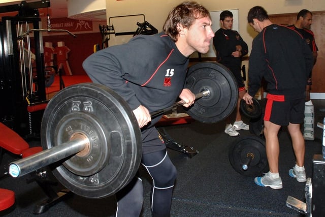 Andy Coley on the weights as Wigan Warriors resume training.