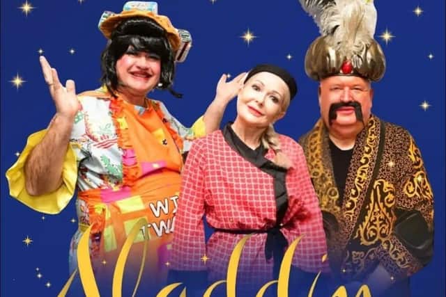 St Joseph's panto principals: Widow Twankey (Ciaran Travis), Aladdin (Clare Nash) and Abanazar (Mike Jones). Picture by Gary Clee