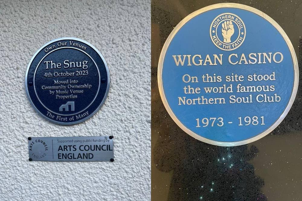 Left: A blue plaque after Music Venue Trust aqcuired The Snug through the 'Own Our Venues' campaign. Right: A blue plaque in the Grand Arcade recognising Wigan Casino's cultural significance on the region