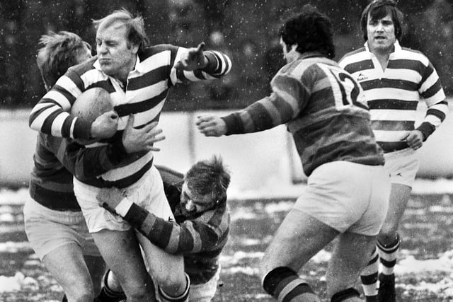 Wigan forward Alan Hodkinson battles through in the 2nd Division match against Dewsbury at Central Park on Sunday 22nd of February 1981.
Wigan won 35-11 in their one and only season in Division 2.