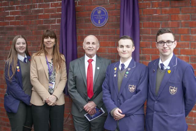 Golborne High headteacher Alison Gormally and Eric Foster with pupils at the new school block opening