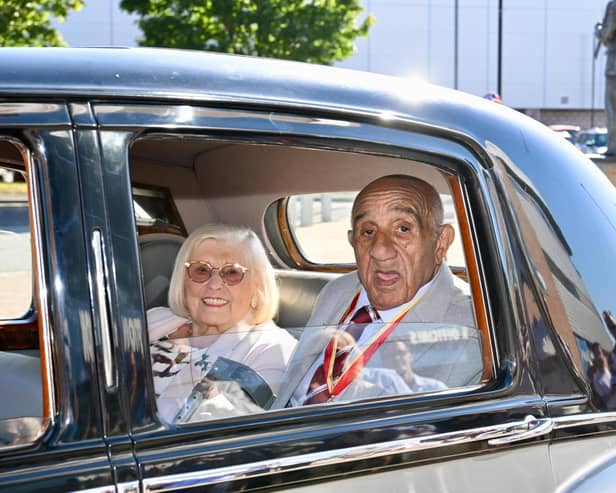 Sir Billy Boston and wife Joan arrive at the Brick Community Stadium for the Sir Billy Boston tribute game on July 11
