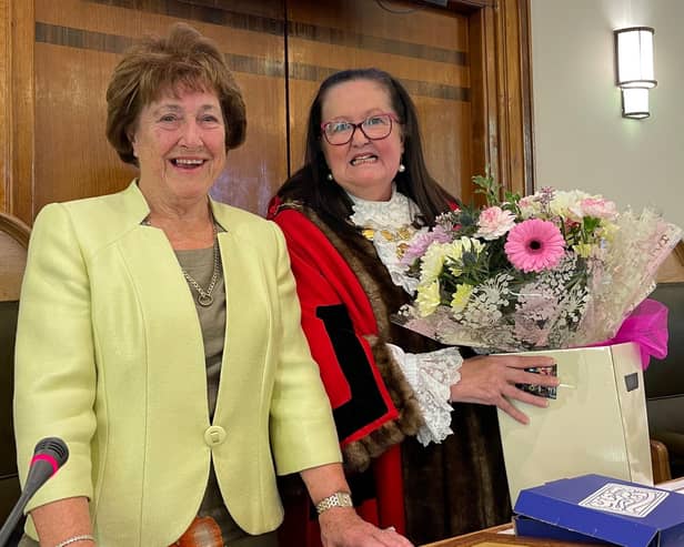 Honorary alderman May Blake with Coun Maureen Nixon, Mayor of West Lancashire