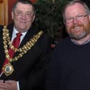 Coun John O'Brien during his mayoral year when the acclaimed American author Bill Bryson dropped into Wigan
