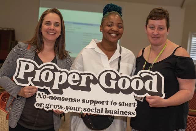 Social entrepreneurs Clare Hales of Wi9gan Workshop CIC and Miki Shika of Ekhaya Empowerment with Louise Atherton, Wigan Council
