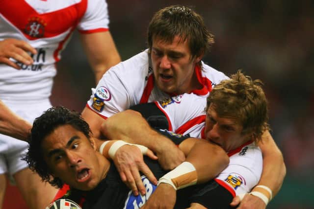 Bryn Hargreaves, above, playing for St Helens against his hometown team Wigan