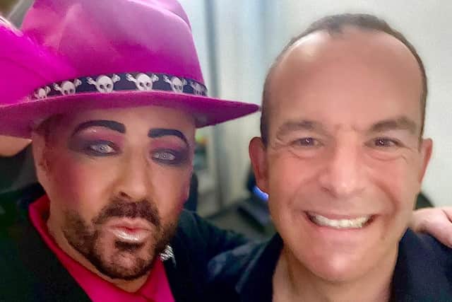 Paul Sutton as Boy George with finance expert Martin Lewis