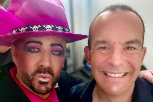 Paul Sutton as Boy George with finance expert Martin Lewis