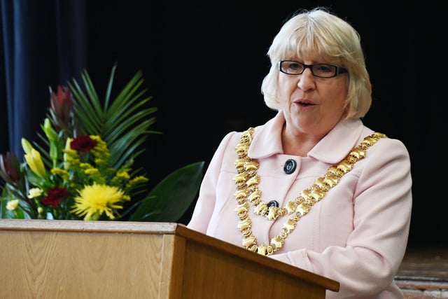 The Mayor of Wigan Coun Marie Morgan speaks a the groundbreaking event at Byrchall High School, Ashton-in-Makerfield.