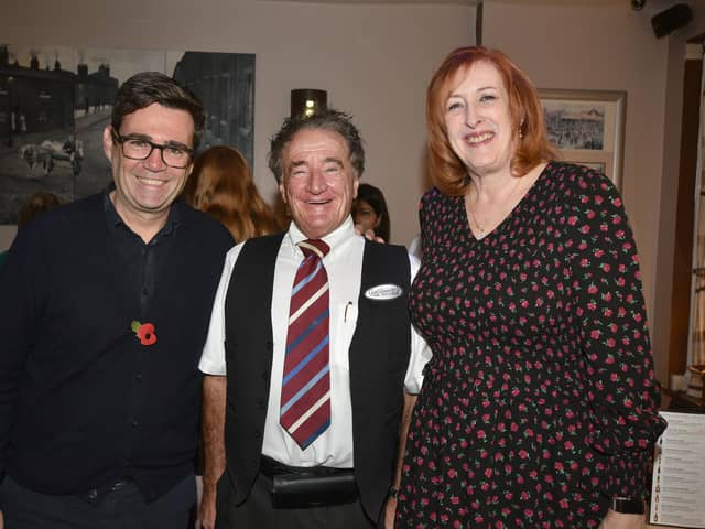 Greater Manchester Mayor Andy Burnham, restaurant owner Howard Gallimore and Makerfield MP Yvonne Fovargue