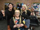 Photo Neil Cross; Mayor of Wigan Councillor Yvonne Klieve meets the new Ukraine refugee and salon employee, Inna Hashynskya, with salon owner, Joanne Cottom at Haus of Hair