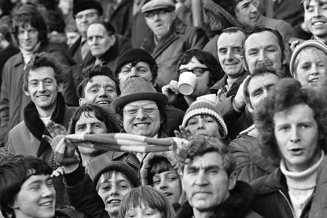 Wigan Athletic fans at the FA Trophy 1st round match against Boston United at Springfield Park on Saturday 12th of January 1974. Latics lost the match 2-3 with Albert Kinsey scoring the Latic's goals.