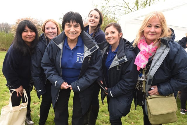 from left, Elsa Devers, Michelle Chadwick, Jan Waterhouse, Louise Cassin, Rachel Calder-Maloney and Kath Thompson team members of Ince Start Well Family Centre, as they host an outdoor Easter event, with crafts, activities and games at Walmsley Park, Ince.