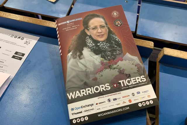 The matchday programme featured Mary Sharkey, who has recently retired from her role with Wigan Warriors after 41 years with the club.