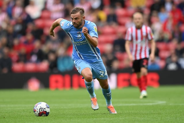 SUNDERLAND, ENGLAND - JULY 31:  Coventry player Matty Godden in action during the Sky Bet Championship between Sunderland and Coventry City at Stadium of Light on July 31, 2022 in Sunderland, England. (Photo by Stu Forster/Getty Images)