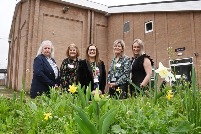 from left, Chair of Governors Christine Slonker, Coun Jenny Bullen, SEND service lead Kellie Williams, Assistant director education Cathy Pealing and head of college Nicola Holland.