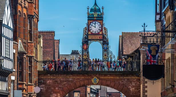 Turret clock built in Victorian times above a Georgian arch, listed as a historic landmark, in the city of Chester. Picture: Geoff Eccles - stock.adobe.com