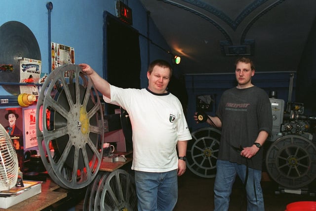 Chris Anderton, left, and Les Baldwin, projectionists at The Unit Four Cinema, in Pemberton, roll the films for the last time, before closure, on Thursday 15th May 1997.
