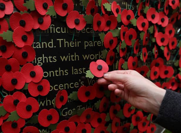 <p>A person holds a poppy as they look at a wall made of 10,000 remembrance poppies following the RBL's Poppy Appeal 2022 (photo: Getty Images)</p>