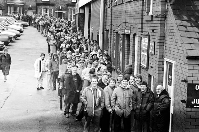 Retro 1988 - The snaking queue for Wembley Challenge Cup final tickets  at Central Park home of Wigan rugby league