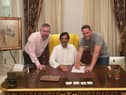 Leam Richardson, with Latics chief executive Mal Brannigan and club owner Abdulrahman Al Jasmi