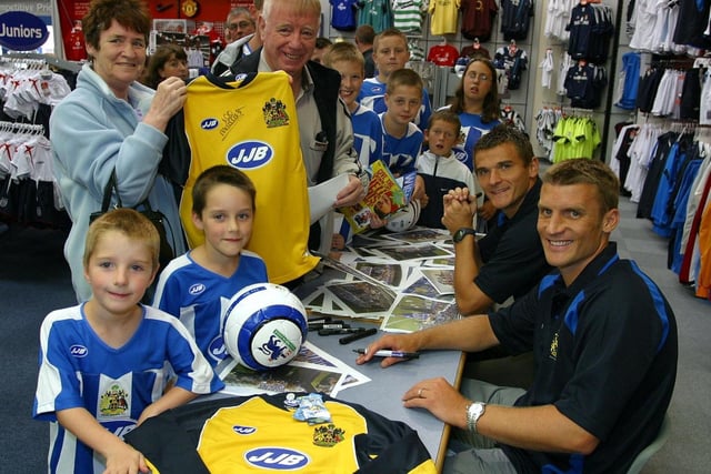 Premiership Wigan Athletic launched their new AWAY yellow kit at The JJB Store in Robin Park. Skipper Matt Jackson and Scottish International Lee McCulloch signed shirts and autographs at the store.