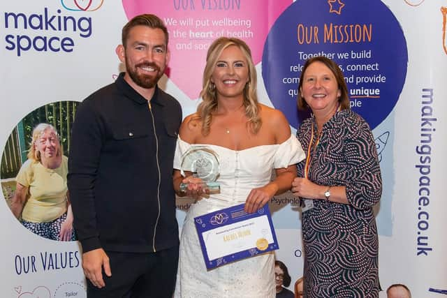 Award winner Rachel Munn, centre, with host Andy Grant and Making Space CEO Rachel Peacock