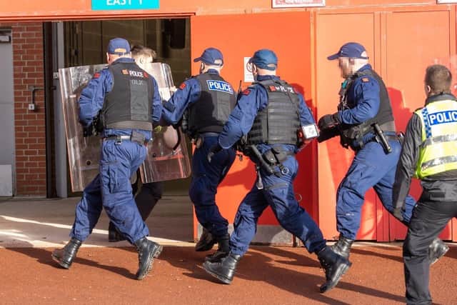 Police arrive at the mock terror attack at Leigh Sports Village