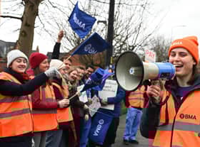 Dr Grace Allport speaks on the picket line outside Wigan Infirmary