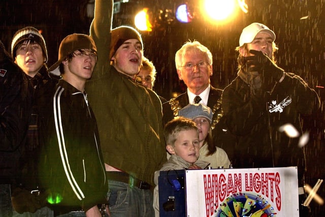 McFly switch on the Wigan Christmas lights, together with the Mayor, Coun John Hilton in 2004