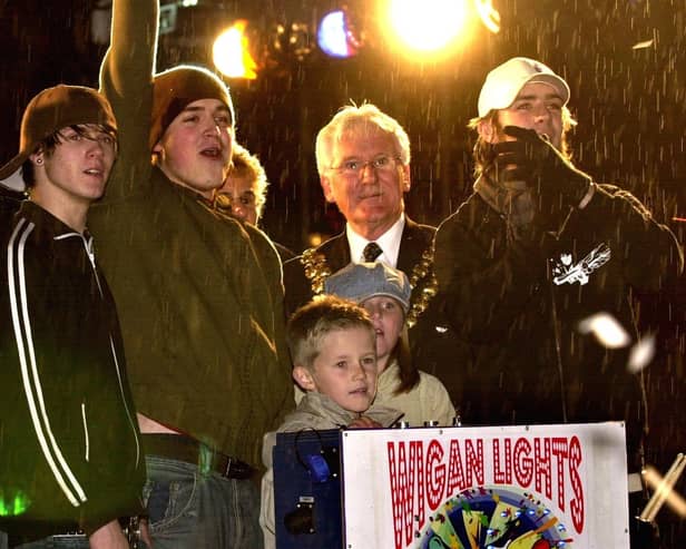 McFly switch on the Wigan Christmas lights, together with the Mayor, Coun John Hilton in 2004