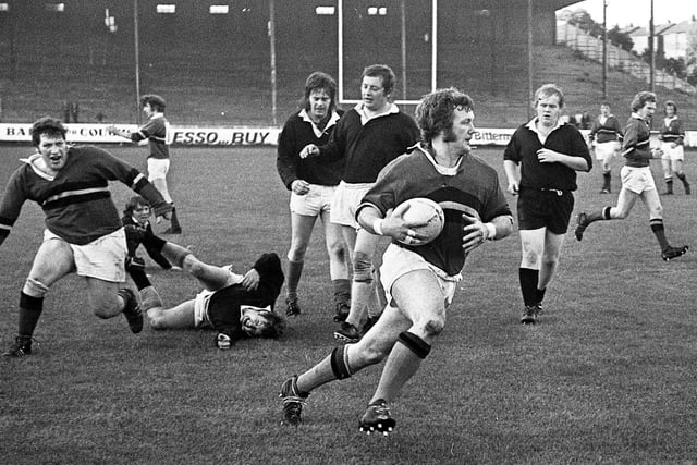 Action from Springfield v Pilkington Recs in the Ken Gee Cup Amateur Rugby League semi-final at Central Park on Monday 11th of June 1973.