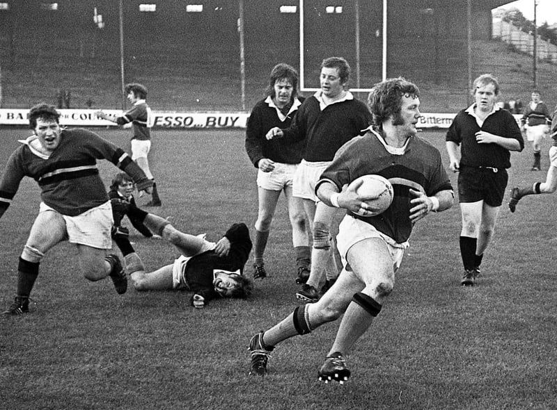 Action from Springfield v Pilkington Recs in the Ken Gee Cup Amateur Rugby League semi-final at Central Park on Monday 11th of June 1973.