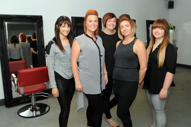 Bouche Hairdressing Salon owners Michelle Selby, second from left, and Lauren Evans, second from right, with staff, Nicole Butterworth, Liz Wilding and Grace Roberts, in the salon in the DW Stadium