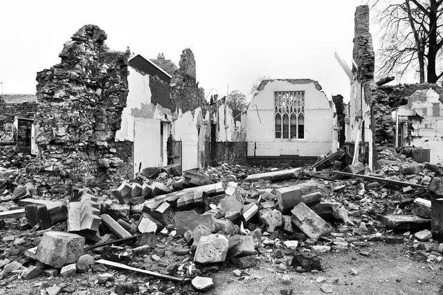 The demolition of the old St. Oswald's School on Liverpool Road, Ashton, in March 1983.