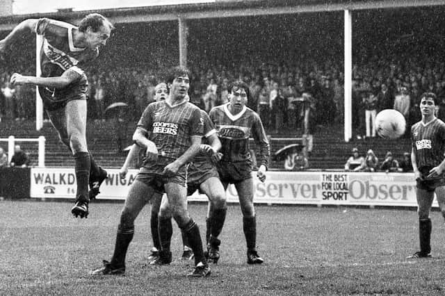Wigan Athletic centre-half Colin Methven heads for goal in the Division 3 match against Bournemouth at Springfield Park on Saturday 21st of September 1985. Latics won the match 3-0 with two penalties from Warren Aspinall and a goal from Mike Newell.