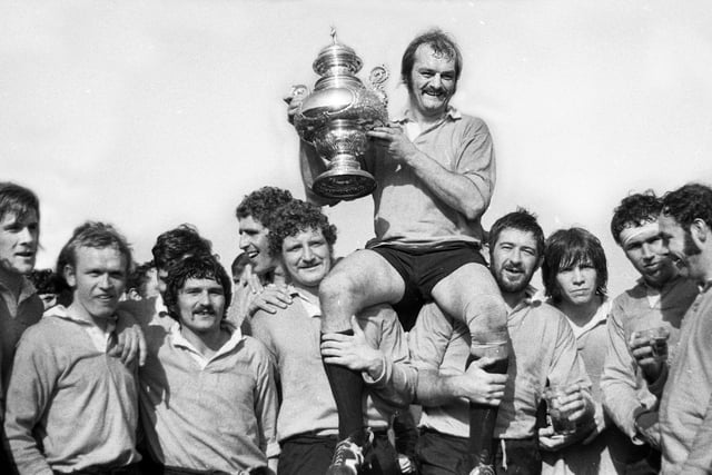 Orrell Rugby Union club captain Des Seabrook chaired by team-mates holds aloft the Lancashire Rugby Union Challenge Cup after beating Liverpool 16-0 at Waterloo on Sunday 16th of April 1972.  Orrell were the first team to win the trophy when it was resurrected after being mothballed 75 years earlier.