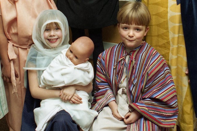 Infants of Lamberhead Green Primary School with their nativity "Spiders First Christmas" in December 1995.